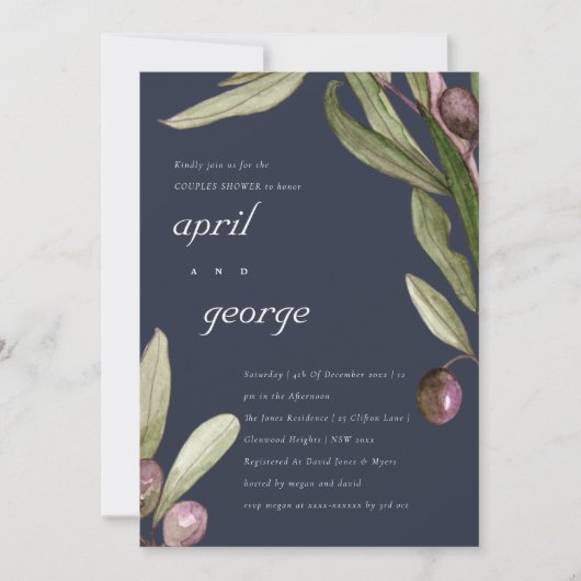 OLIVE NAVY RUSTIC FOLIAGE COUPLES SHOWER INVITE BEDANKKAART (Voorkant)