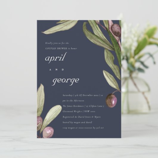 OLIVE NAVY RUSTIC FOLIAGE COUPLES SHOWER INVITE BEDANKKAART (Staand voorkant)