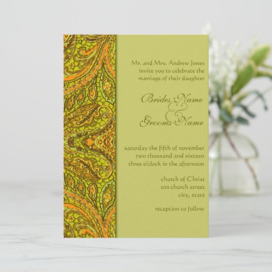 Olive Paisley Damask Wedding Invitations Kaart (Staand voorkant)