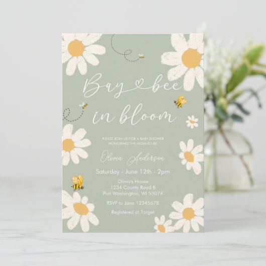 Olive Sage Daisy Retro Bay Bee Baby shower Kaart (Staand voorkant)