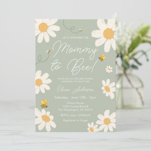Olive Sage Daisy Retro Mama naar Bee Baby shower Kaart (Staand voorkant)