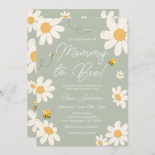Olive Sage Daisy Retro Mama naar Bee Baby shower Kaart (Voorkant / Achterkant)