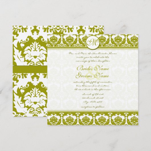 Olive Sage Green Floral Damask Monogram Kaart (Voorkant / Achterkant)