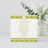 Olive Sage Green Floral Damask Monogram Kaart (Staand voorkant)