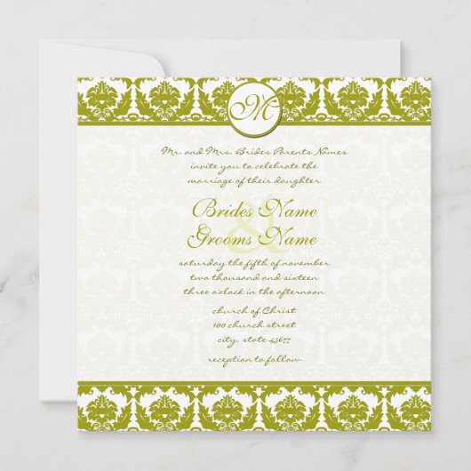 Olive Sage Green Floral Damask Monogram Kaart (Voorkant)