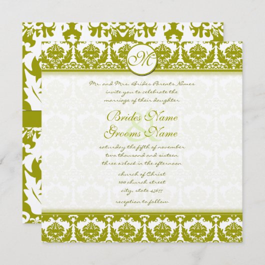 Olive Sage Green Floral Damask Monogram Kaart (Voorkant / Achterkant)