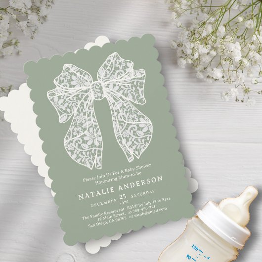 Olive Sage Green Floral Lace Coquette Baby shower Kaart