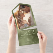 Olive Sage Green Shimmer Achtergrond QR Code Foto All In One Uitnodiging (Afscheurbaar)