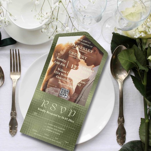 Olive Sage Green Shimmer Achtergrond QR Code Foto All In One Uitnodiging