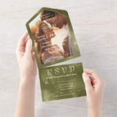 Olive Sage Green Shimmer Line Achtergrondfoto All In One Uitnodiging (Afscheurbaar)