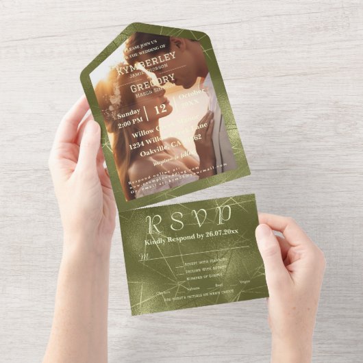 Olive Sage Green Shimmer Line Achtergrondfoto All In One Uitnodiging (Afscheurbaar)