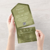 Olive Sage Groene Shimmer Lijn Achtergrond QR Code All In One Uitnodiging (Afscheurbaar)