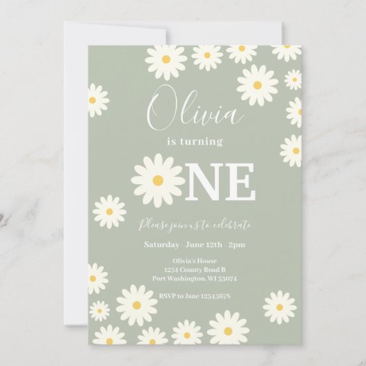 Olive Sage Retro Daisy Bloemen 1e Verjaardagsfeest Kaart (Voorkant)