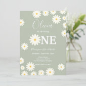 Olive Sage Retro Daisy Bloemen 1e Verjaardagsfeest Kaart (Staand voorkant)