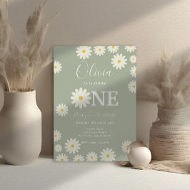 Olive Sage Retro Daisy Bloemen 1e Verjaardagsfeest Kaart