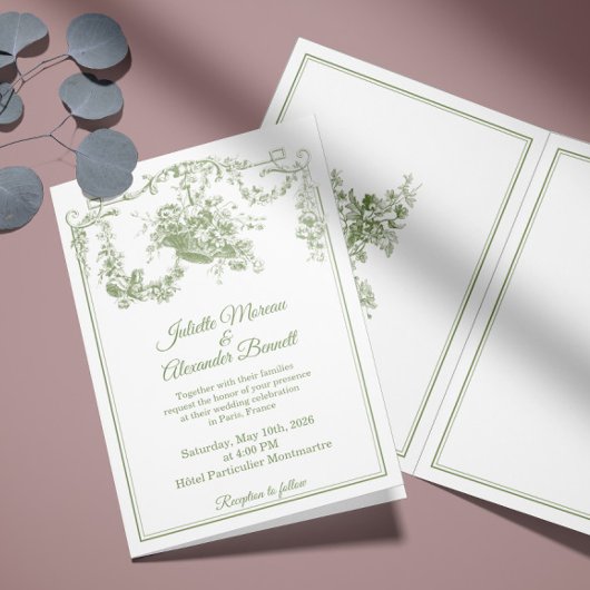 Olive Sage Toile de Jouy Paris Wedding Invitation