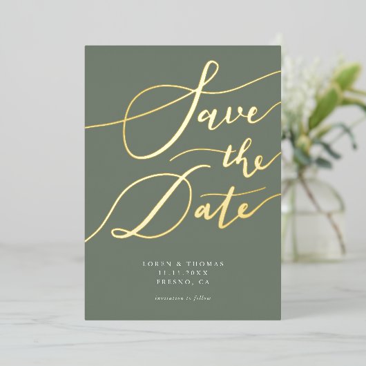 Olive Save the Date Calligraphy Folie Uitnodiging (Staand Voorkant)