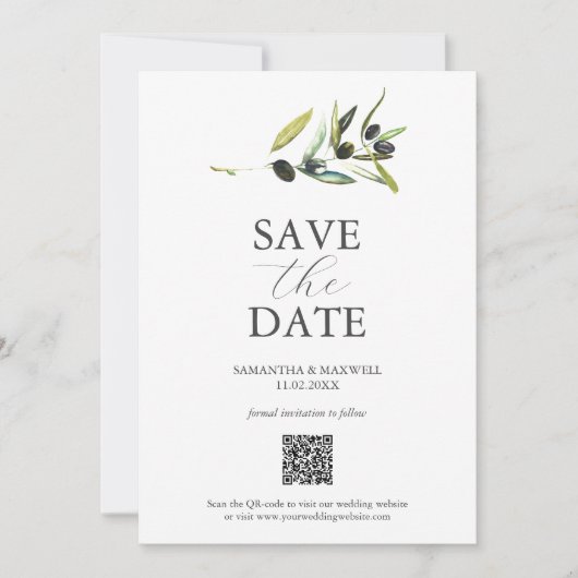 Olive Theme Photo QR-code Sla de datums op Save The Date (Voorkant)