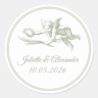 Olive Toile de Jouy Cupid Classic Round Wedding St Ronde Sticker