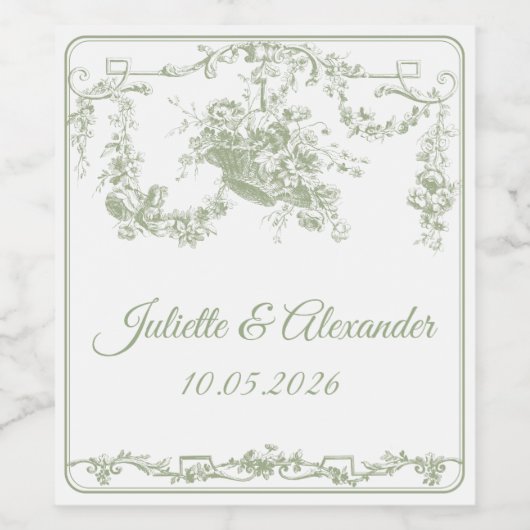 Olive Toile de Jouy Wedding Bottle Label  Wijn Etiket (Enkel label)