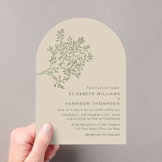 Olive Tree Branch, Rustic & Minimalistic Wedding Acryl Uitnodigingen (Insitu (Draagbaar))