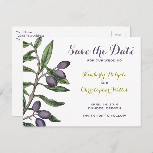 Olive Tree Branch Sla de datum op | Groen Paarse Aankondigingskaart (Voorkant / Achterkant)