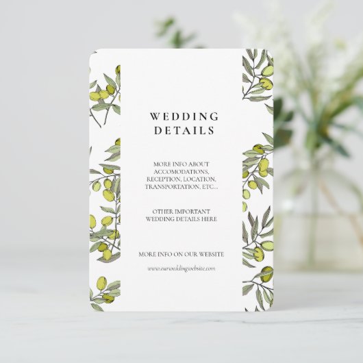 Olive vertakkingspatroon trouwkaart informatiekaartje (Staand voorkant)