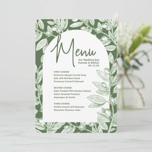 Olive Vineyard Menu Bruiloft (Staand voorkant)