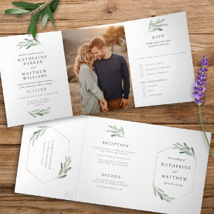 Olive Waterverf en Faux Roos Gold Wedding Foto Drieluik Uitnodiging