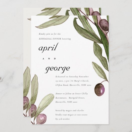 OLIVE WATERVERF FOLIAGE REHEARSAL DINNER INVITE BEDANKKAART (Voorkant / Achterkant)