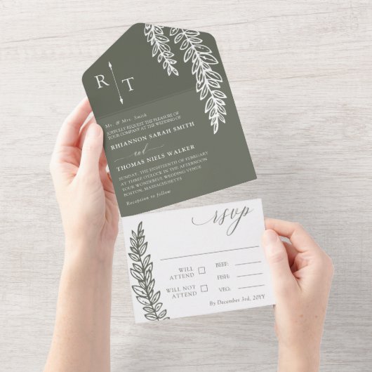 Olive White Greenery Monogrammed Wedding All In One Uitnodiging (Afscheurbaar)