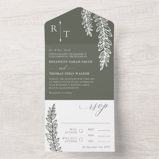 Olive White Greenery Monogrammed Wedding All In One Uitnodiging (Binnen)