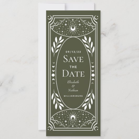 Olive & White Mystieke Tarot Kaart Save the Date (Voorkant)