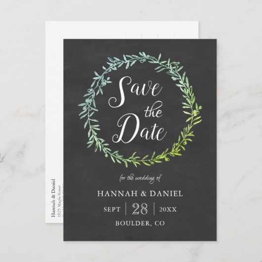 Olive Wreath Chalkboard Save the Date Sjabloon Briefkaart (Voorkant / Achterkant)