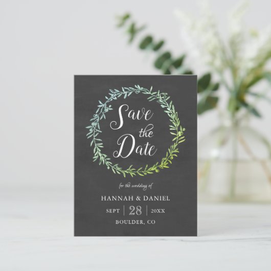 Olive Wreath Chalkboard Save the Date Sjabloon Briefkaart (Staand voorkant)