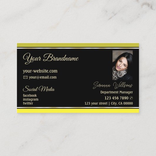 Olive Yellow Borders op zwart met Logo en foto Visitekaartje (Achterkant)