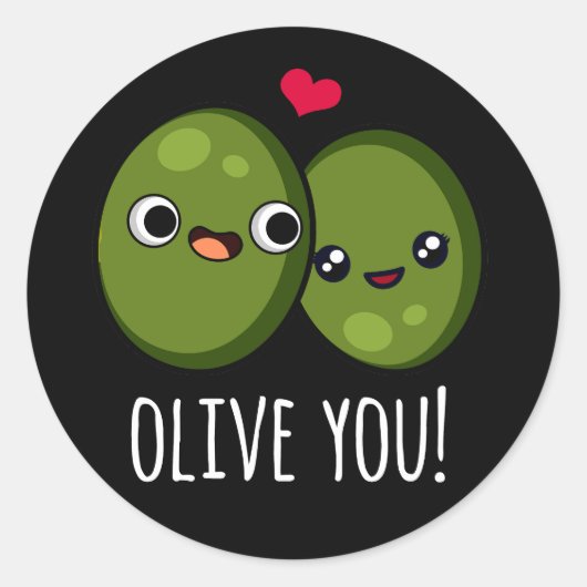 Olive You Funny Love Pun Dark BG Ronde Sticker (Voorkant)