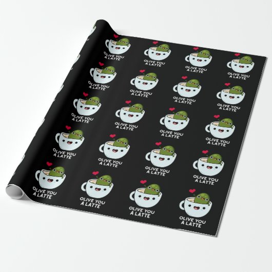Olive You Latte Funny Food Pun Dark BG Cadeaupapier (Uitgerold)