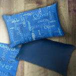 Oliver gepersonaliseerde naamtinten van blauw kussen<br><div class="desc">Typografische korte naam tekst blauw, donkerblauw, gedempt blauw en hemelsblauw, op een royale helderblauwe achtergrond aangepaste naam kussen ontwerp. De achtergrondkleur kan indien nodig worden veranderd. Leuk gepersonaliseerd grafisch tekst gepersonaliseerd kussen. Ideaal voor de auto, of voor uitstapjes. Personaliseer met je eigen korte naam, leest momenteel Oliver. Match deken is...</div>