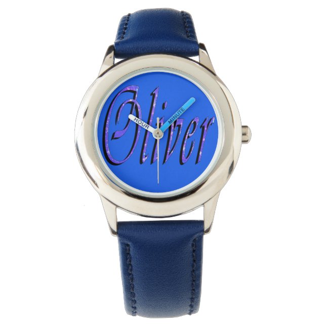 Oliver, naam, Logo, jongens blauw lederen horloge (Voorkant)