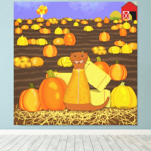 Oliver The Otter kiest een pompoen Canvas Afdruk (Insitu (Houten vloer))