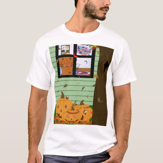 Oliver The Otter kijkt naar Jack-o-Lantern T-shirt (Voorkant)