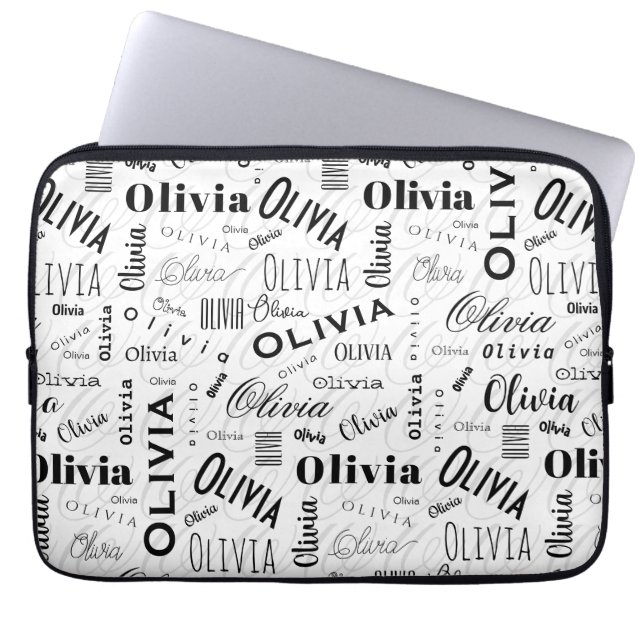 Olivia Aangepaste Naam Zwart Wit  Laptop Sleeve (Voorkant)