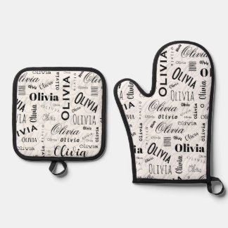 Olivia Aangepaste Naam Zwart Wit Ovenwant & Pannenlap Set