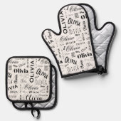 Olivia Aangepaste Naam Zwart Wit Ovenwant & Pannenlap Set (Voorkant / Achterkant)