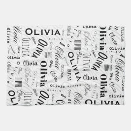 Olivia Aangepaste naam zwart wit Theedoek