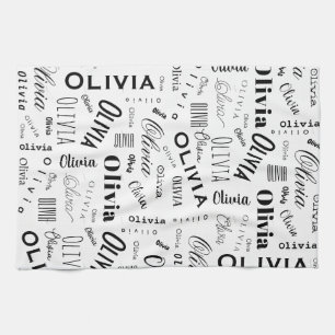 Olivia Aangepaste naam zwart wit Theedoek