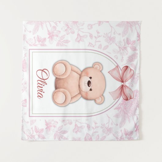 Olivia | Aangepaste Roze Teddybeer-kinderkamerontw Wandkleed (Voorkant (horizontaal))