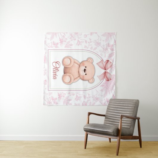 Olivia | Aangepaste Roze Teddybeer-kinderkamerontw Wandkleed (In Situ (horizontaal))
