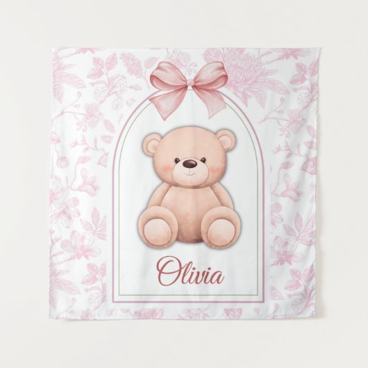Olivia | Aangepaste Roze Teddybeer-kinderkamerontw Wandkleed (Voorkant)